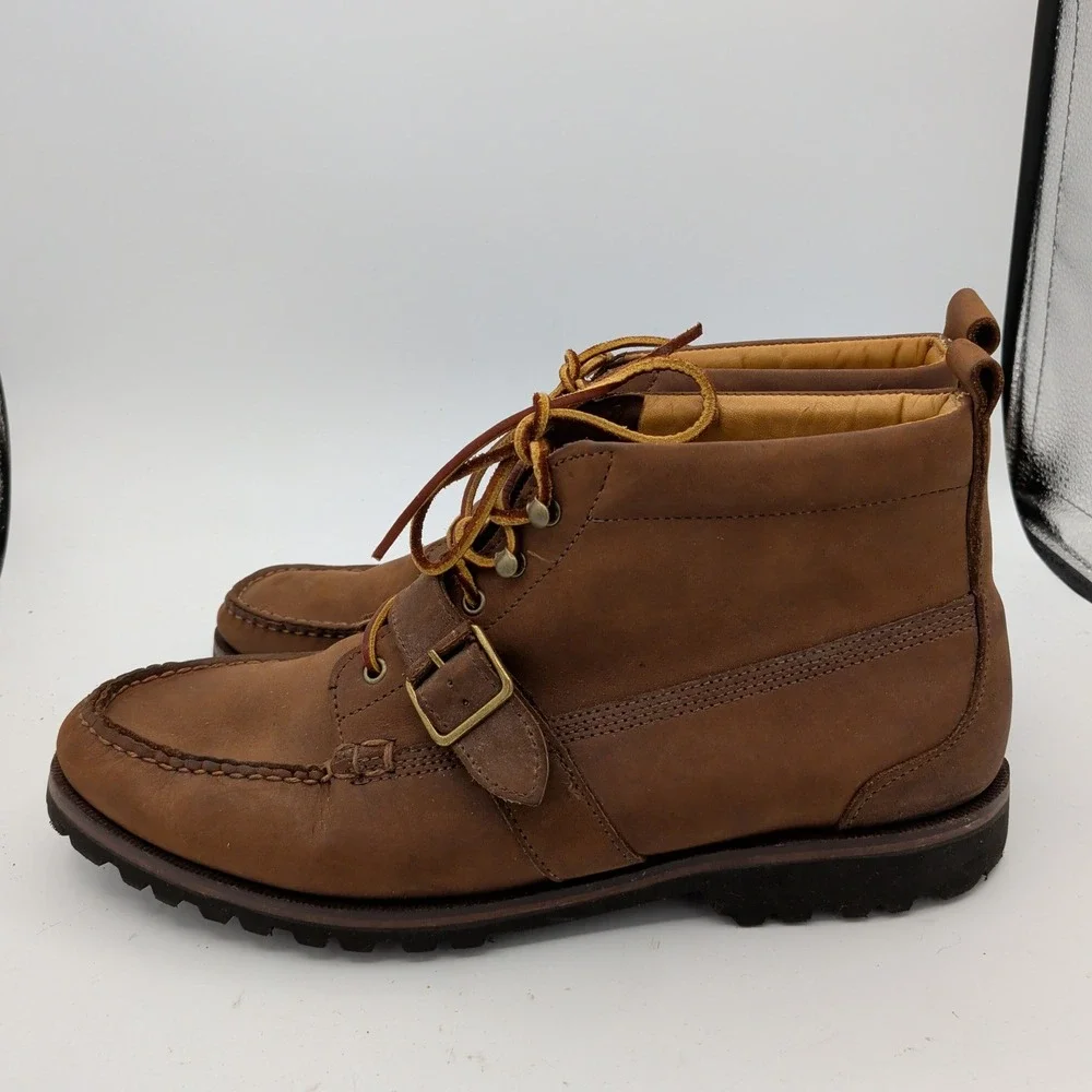 Ralph Lauren Mens Ranger Buckle Moc Toe Boots Brown Leather Vibram USA 13